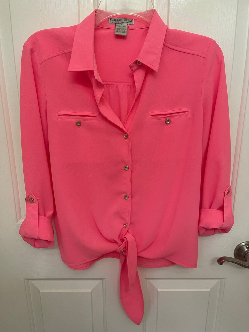 Alberto Makali Hot Pink Button-Front Tie Hem Blouse
